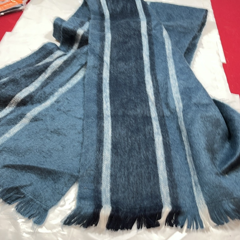 Pokoloko ALPACA LONG BLUE Scarf White Stripe Ecuador Unisex 13"x76" Soft Fringe